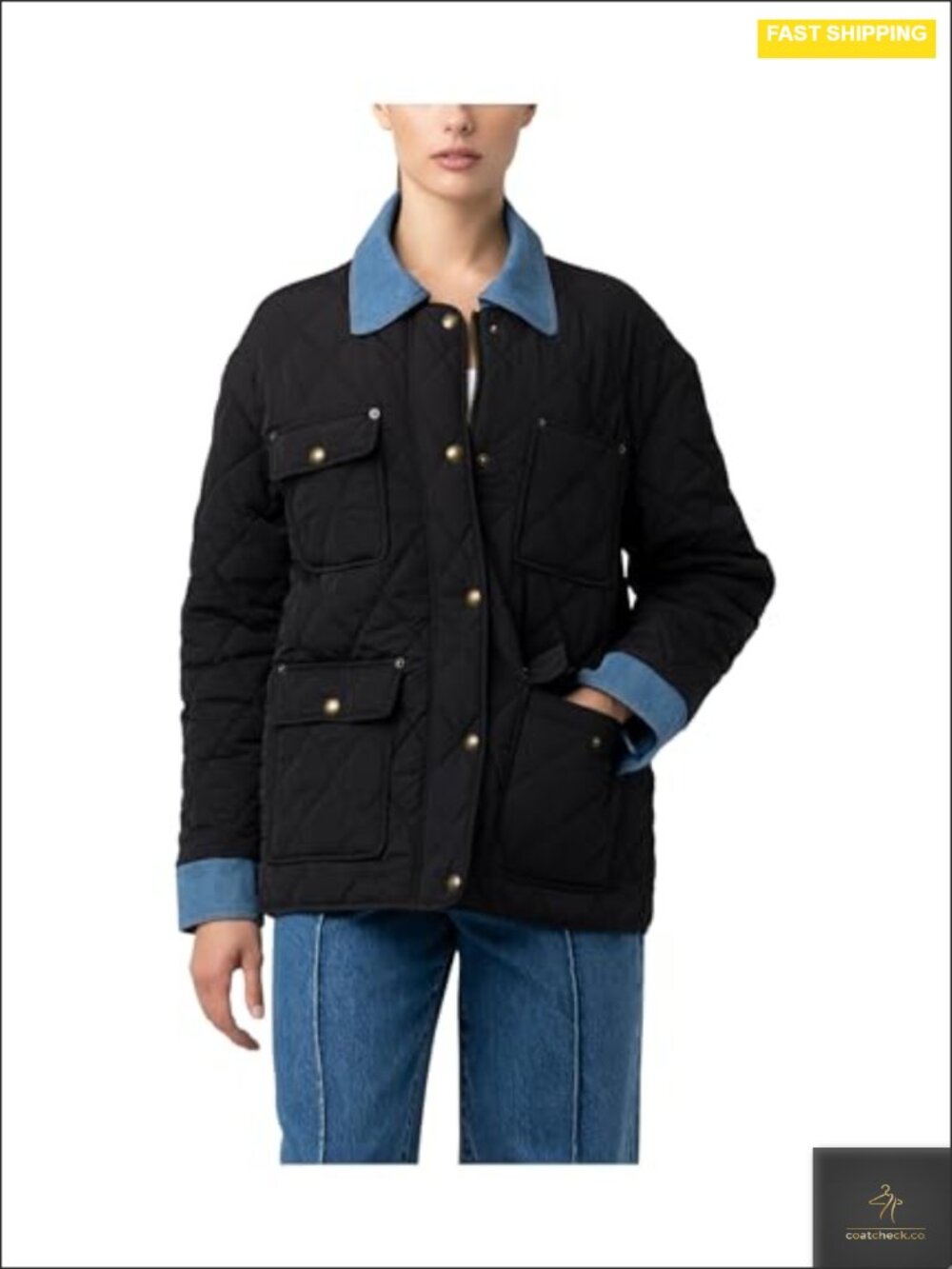 Women's Barn Jacket with Denim Collar Quilted Long Sleeve Zip Up